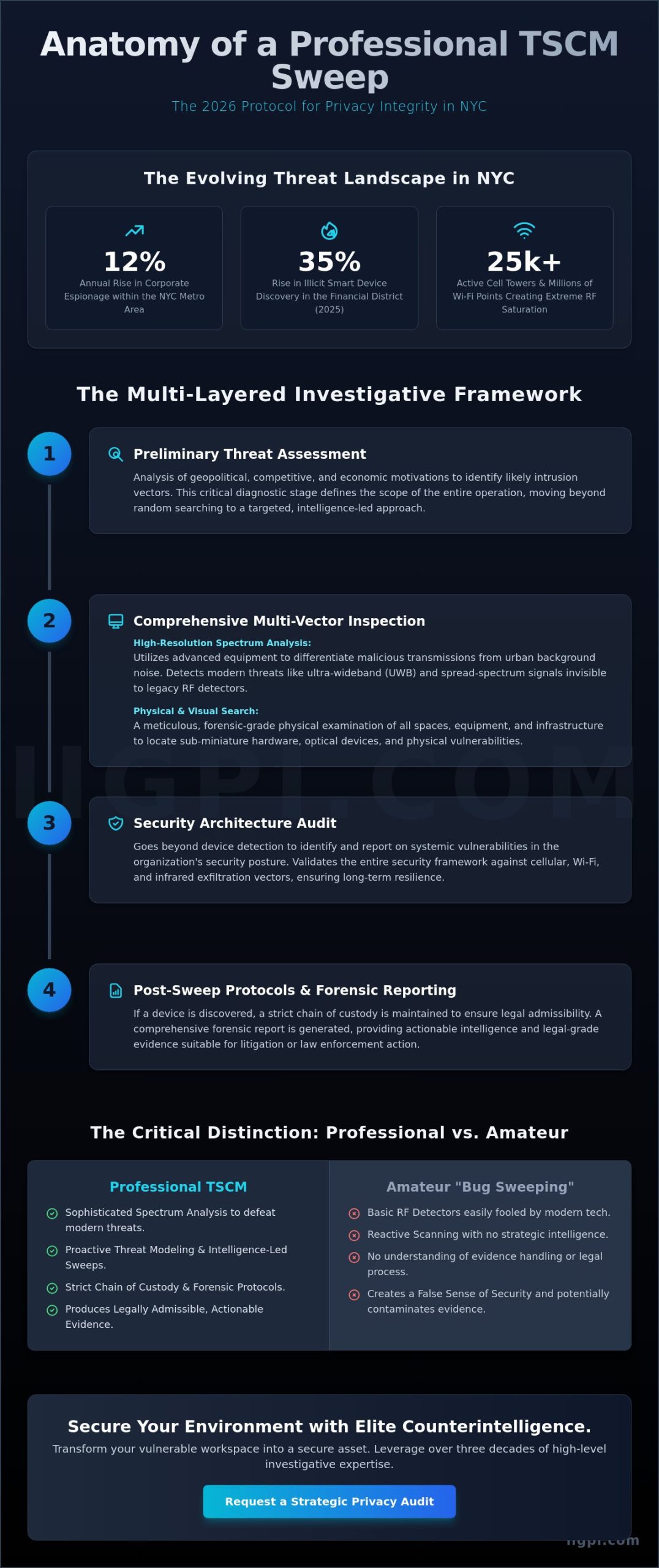 TSCM Bug Sweep Services NYC: A Strategic Framework for Privacy Integrity in 2026 - Infographic