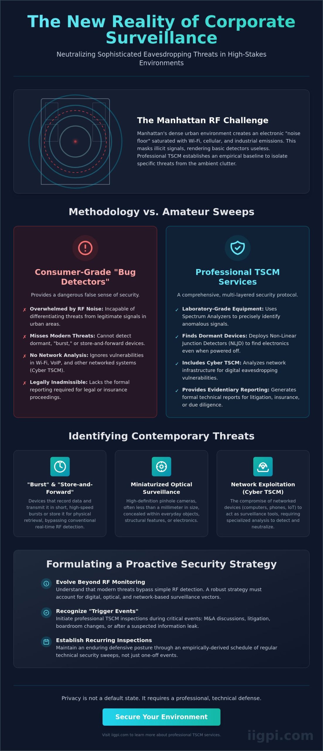 TSCM Bug Sweep Services NYC: Technical Surveillance Countermeasures for Elite Security - Infographic